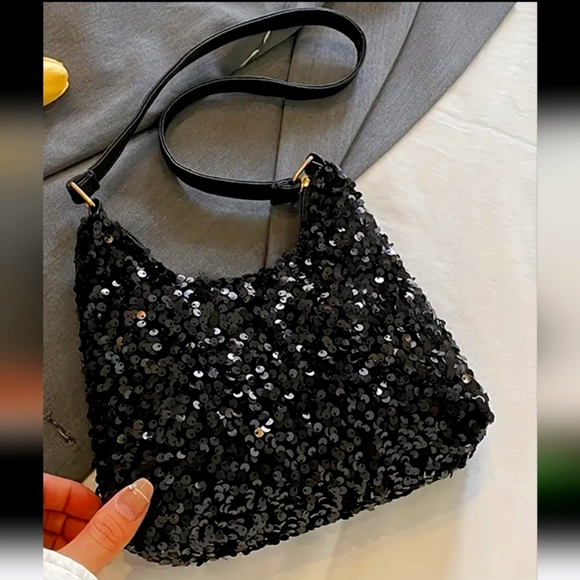 Handbags - Black Sequin Mini Bag with Curved Silhouette